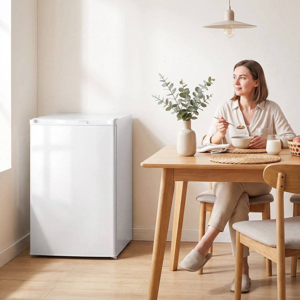 HOMCOM Mini-zamrażarka 85 l, kompaktowa zamrażarka stojąca z wymiennym zawiasem drzwi i regulacją temperatury, Biały | Aosom PL