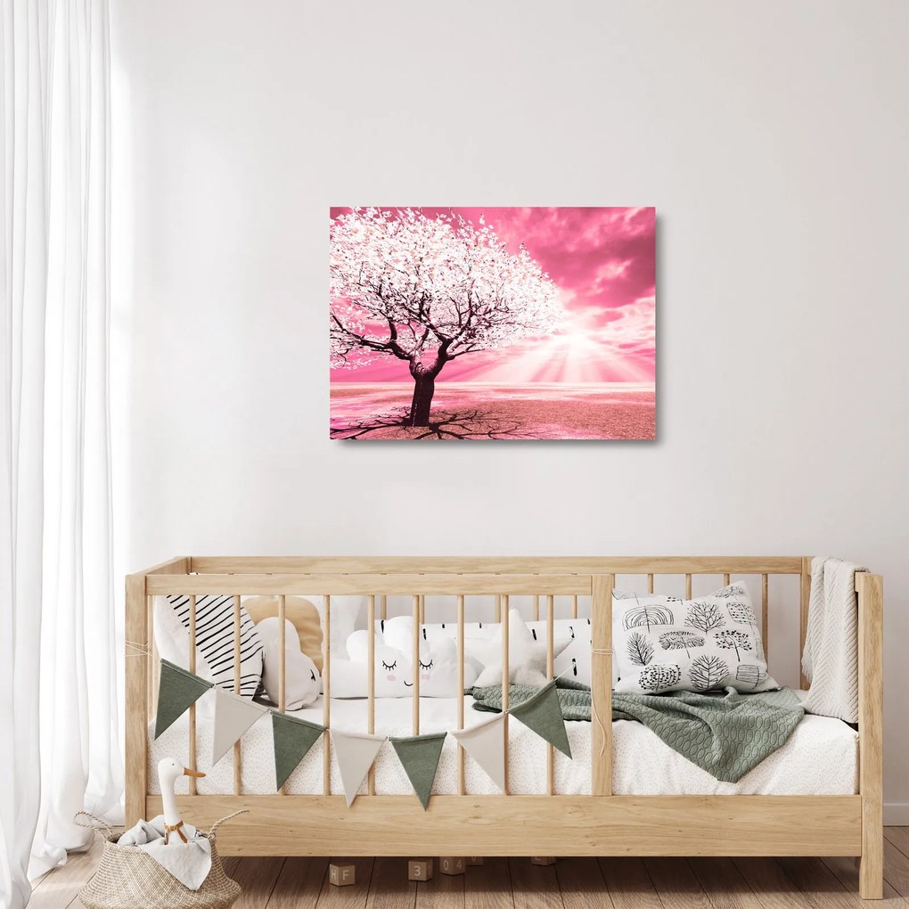Obraz na szkle - różowy obraz drzewa (70x50 cm)