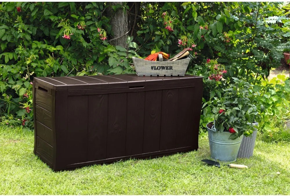 Ciemnobrązowa plastikowa skrzynia ogrodowa Sherwood – Keter
