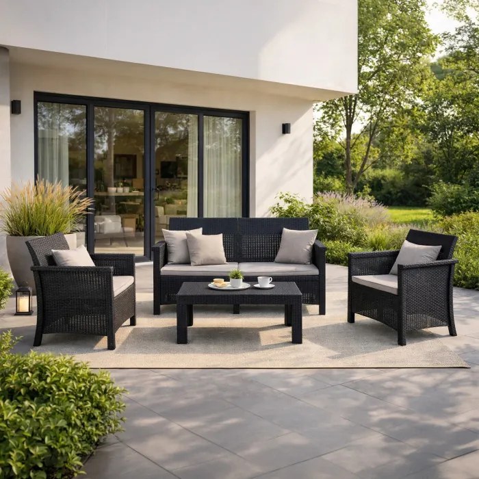 Zestaw Mebli Ogrodowych BRENTA Czarny/Szary 2xFotel Sofa Stolik Tarasowy Technorattan Nowoczesny