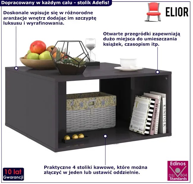 Komplet 4 kwadratowych stolików szary połysk - Mirela