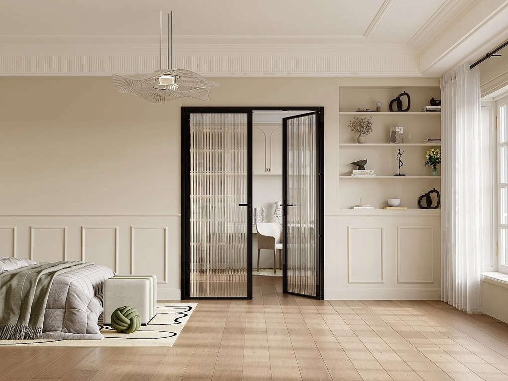 Drzwi kompletne 2-skrzydłowe dwustronne z aluminium i teksturowanego szkła hartowanego - 2 x wys. 204 x szer. 83 cm - Czarny - LOXTON