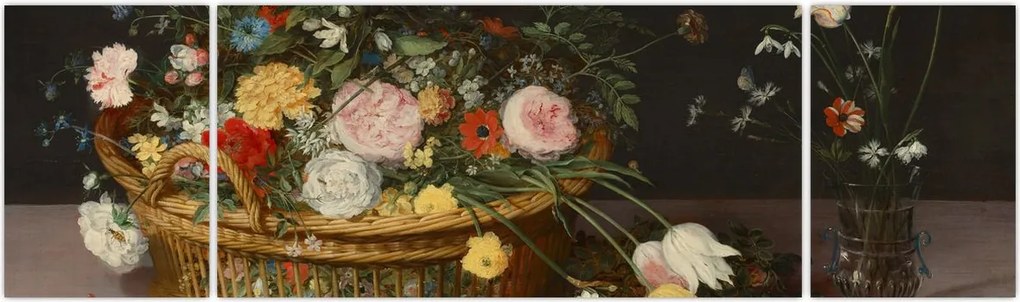 Obraz - Jan Brueghel the Elder, Flowers in a Basket and a Vase, reprodukcje (170x50 cm)