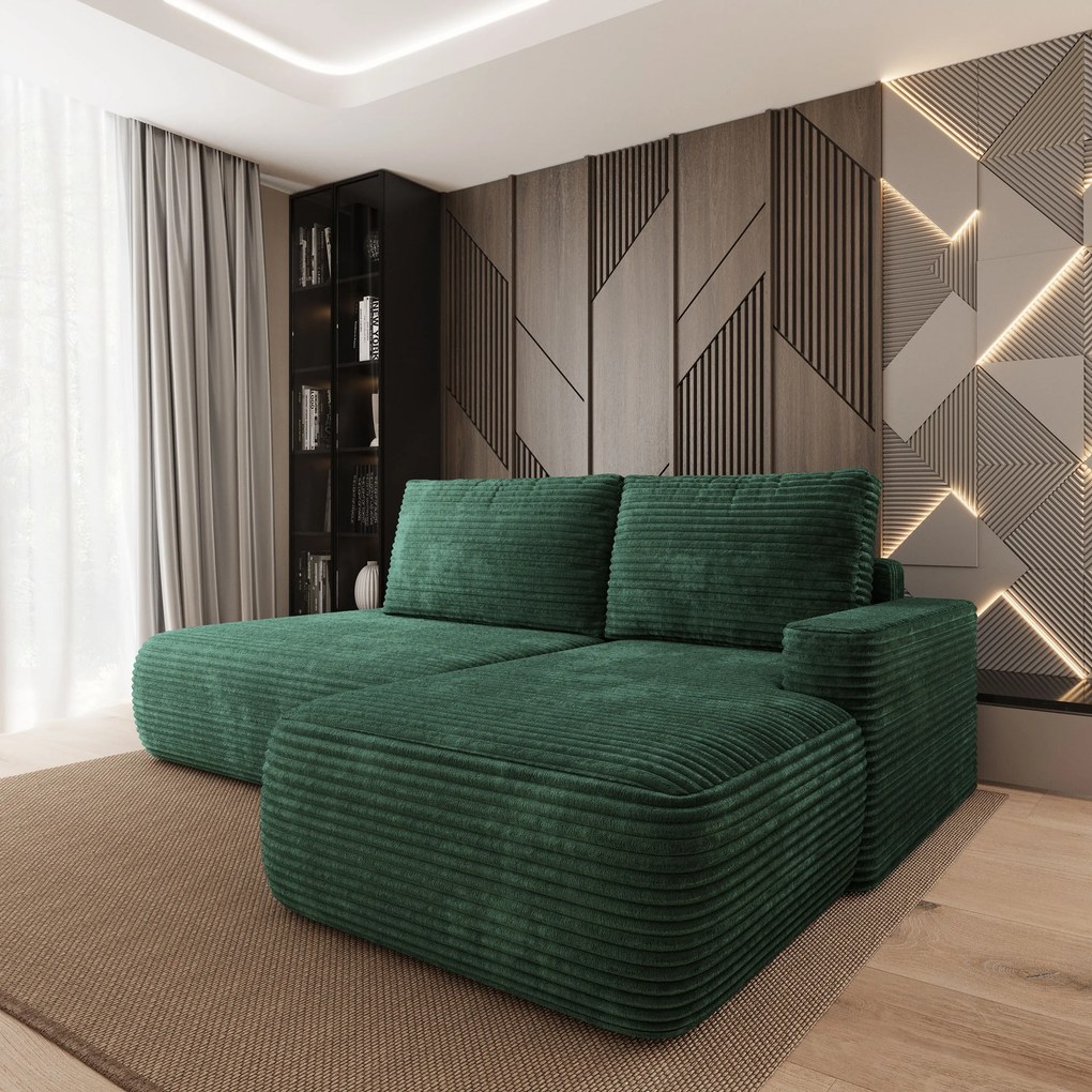 Masseno Narożnik AVINI z funkcją spania i pojemnikiem na pościel Narozniki L, Rozkładana sofa - Butelkowa zieleń, TILIA 39