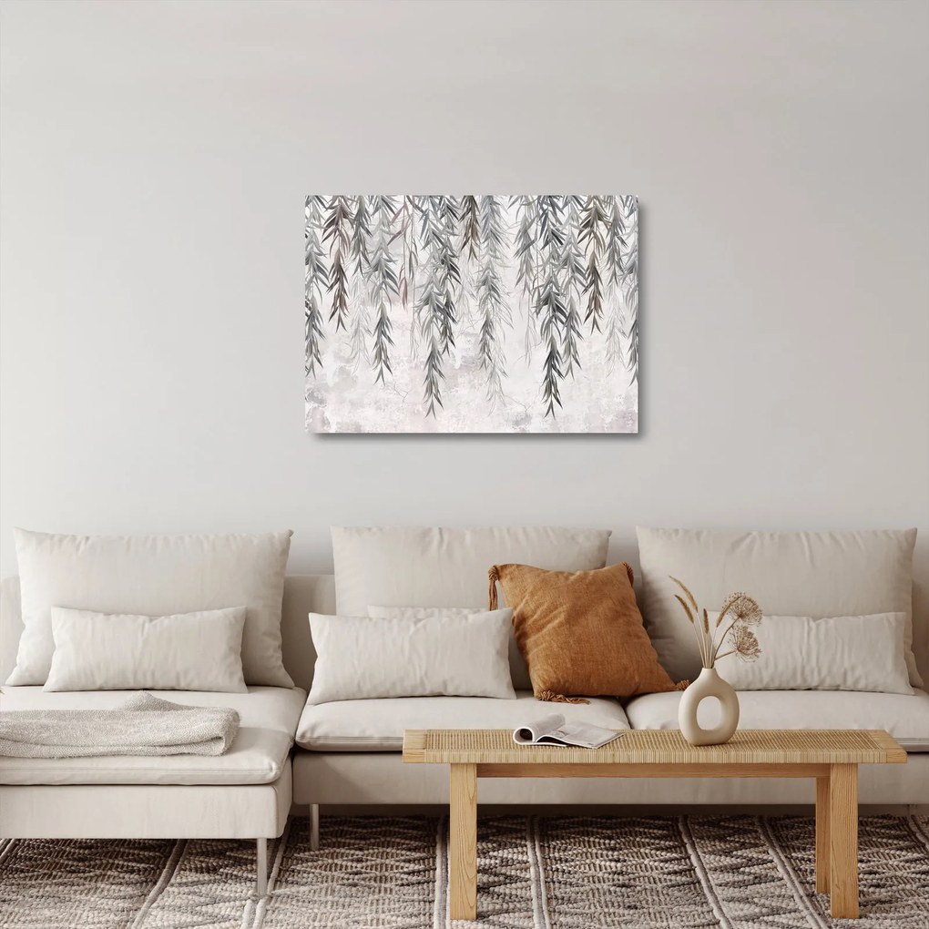 Obraz na szkle - Gałązki wierzby w szarym tynku (70x50 cm)
