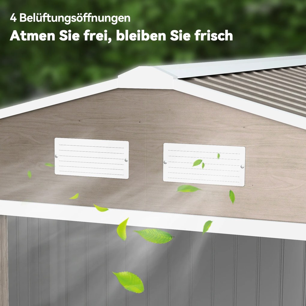 Outsunny Schowek Ogrodowy, 2 Drzwi Przesuwne, 4 Okna, Odporny na Warunki Atmosferyczne, Metalowa Konstrukcja, 2,7 x 1,9 x 1,9 m, Brązowy