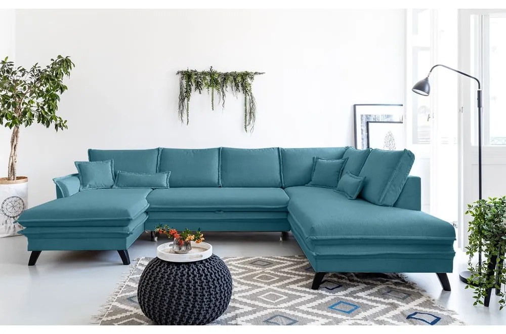 Turkusowa rozkładana sofa w kształcie litery "U" Miuform Charming Charlie, prawostronna