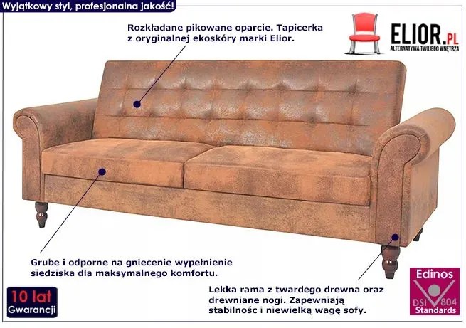 Rozkładana pikowana brązowa sofa - Algero