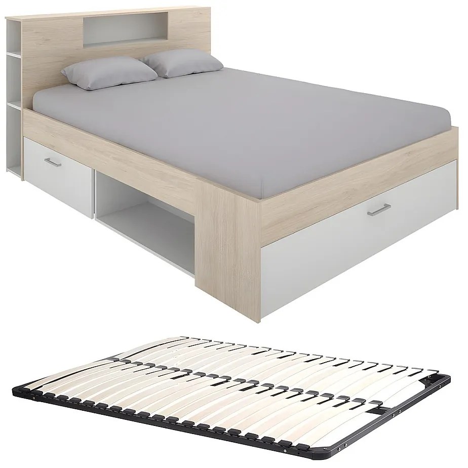 Łóżko ze skrzynią i szufladami - 140 x 190 cm - Kolor: Naturalny i biały + Stelaż - LEANDRE