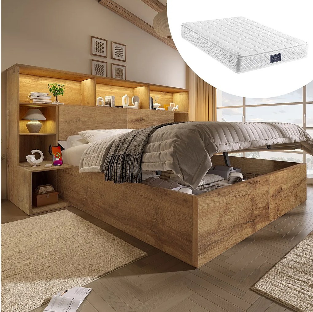 Łóżko hydrauliczne ze schowkiem - 160 x 200 cm - ze stolikami nocnymi + oświetlenie LED + zagłówek ze schowkiem - drewno - naturalne (materac w zestawie)