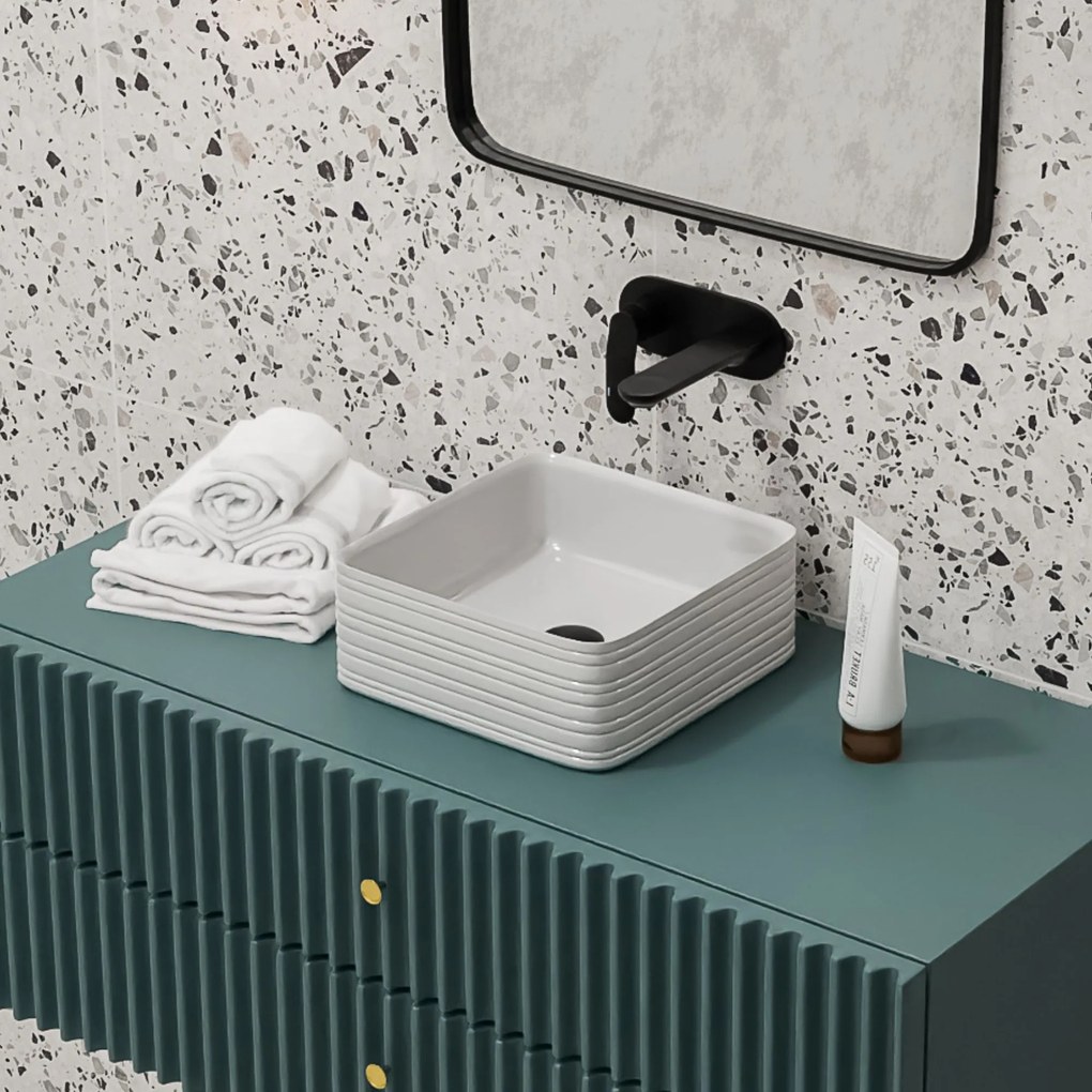 Umywalka ceramiczna nablatowa kwadratowa ryflowana biała 39 x 39 cm LAMI