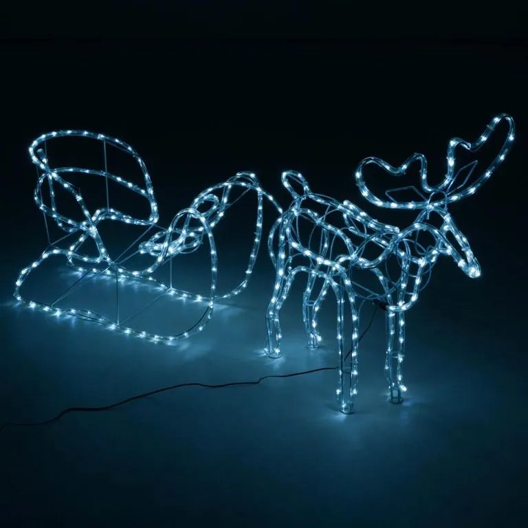 Świąteczna dekoracja renifer z saniami, zimna biel, 140 cm