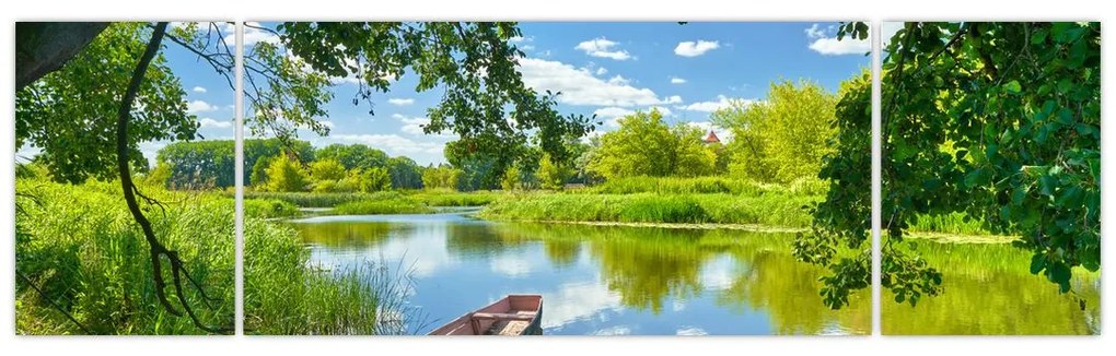 Obraz letniej rzeki z łodzią (170x50 cm)
