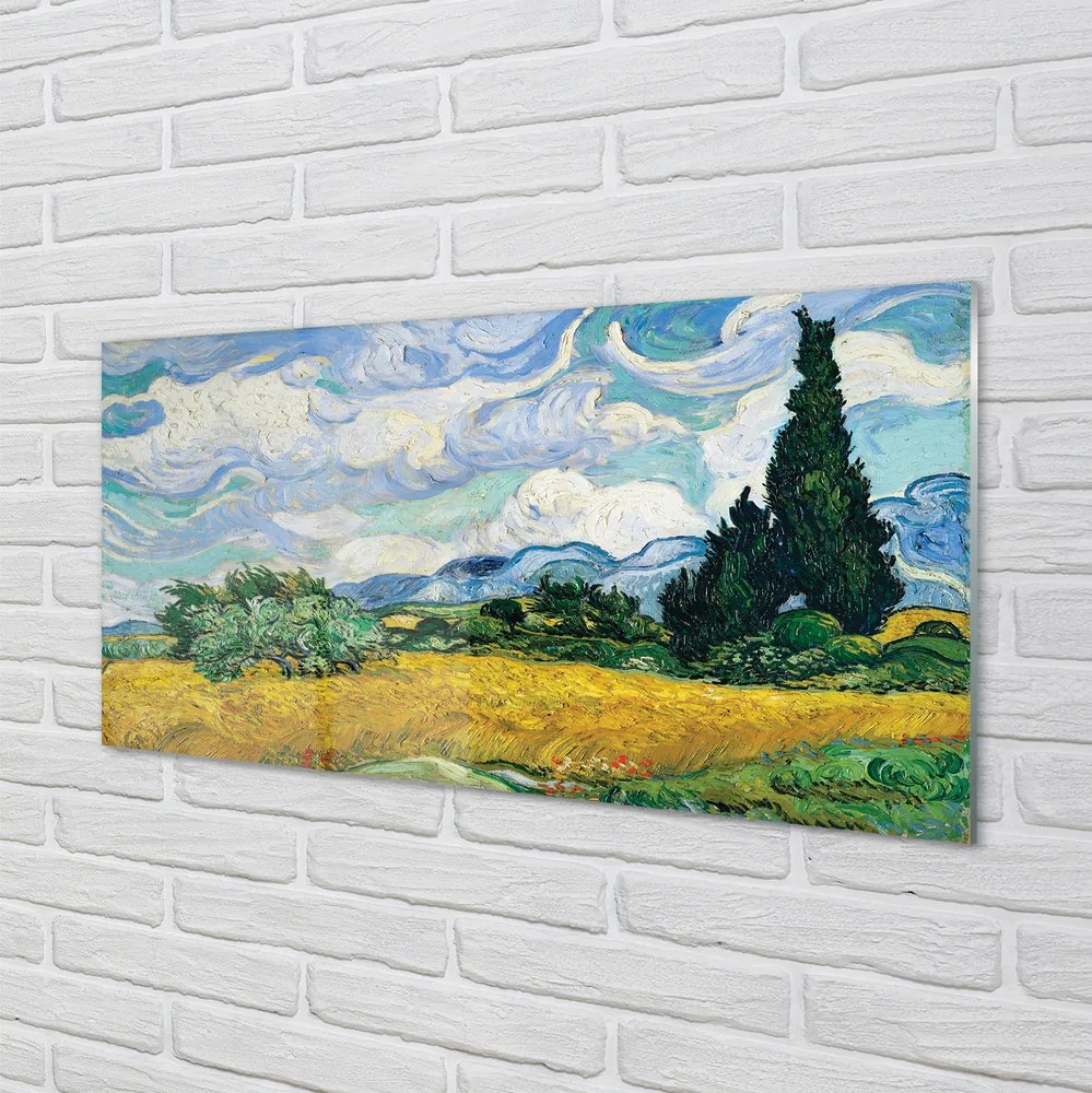 Szklany Panel Pole Pszenicy z Cyprysami - Van Gogh