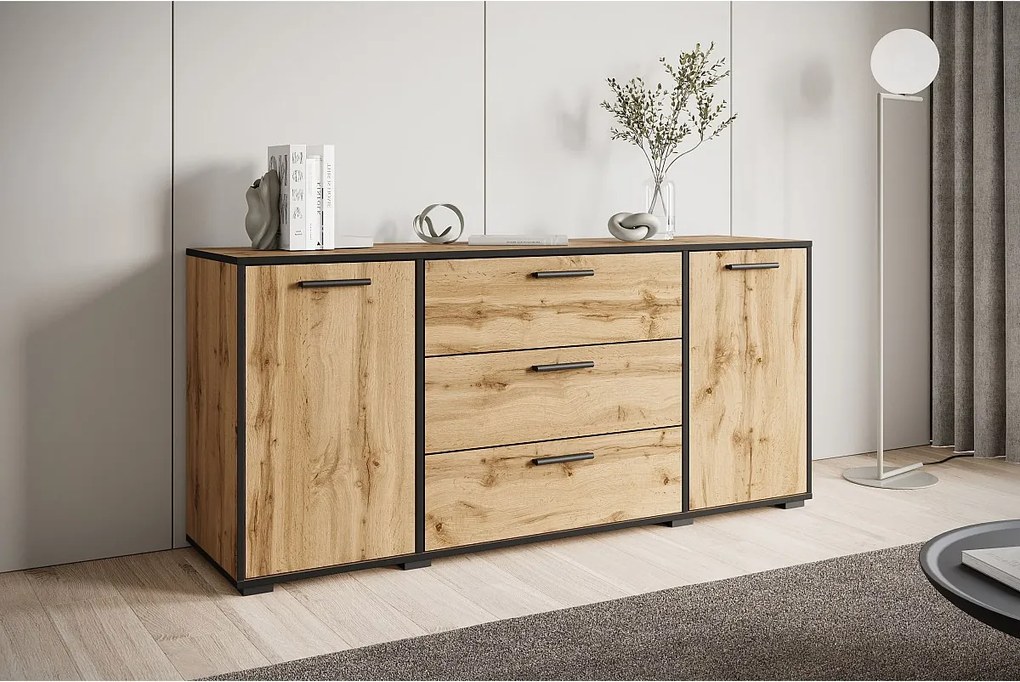 Nowoczesna komoda 150 cm do salonu – 3 szuflady i 2 szafki, kolor wotan z krawędzią czarny grafit