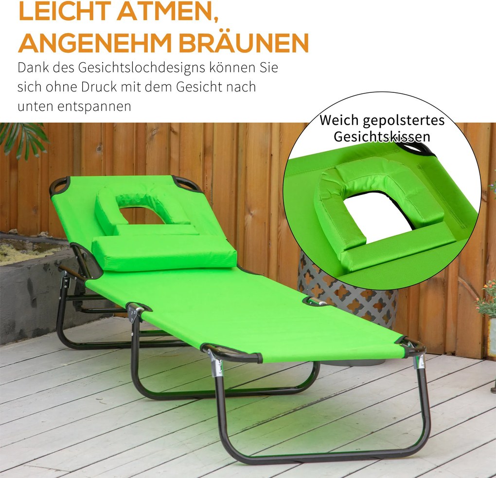 Outsunny Leżak z otworem na twarz & poduszką, składany, wodoodporne pokrycie, metalowy stelaż, zielony | Aosom PL
