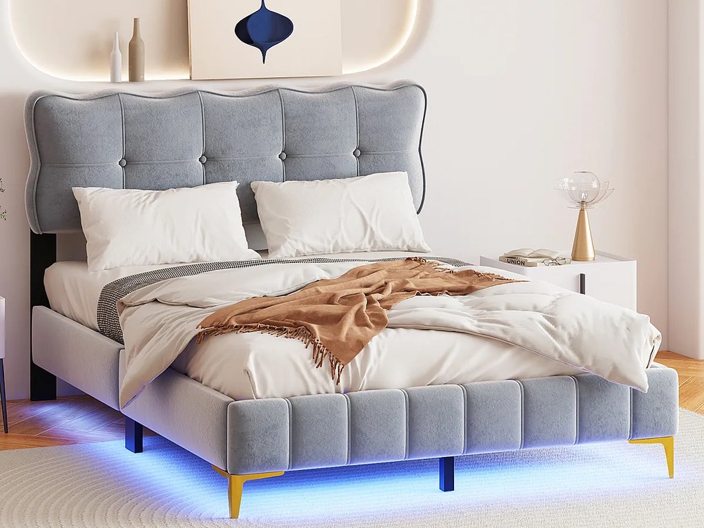 Łóżko tapicerowane 140 x 200 cm z wezgłowiem - LED - Aksamit - Szare