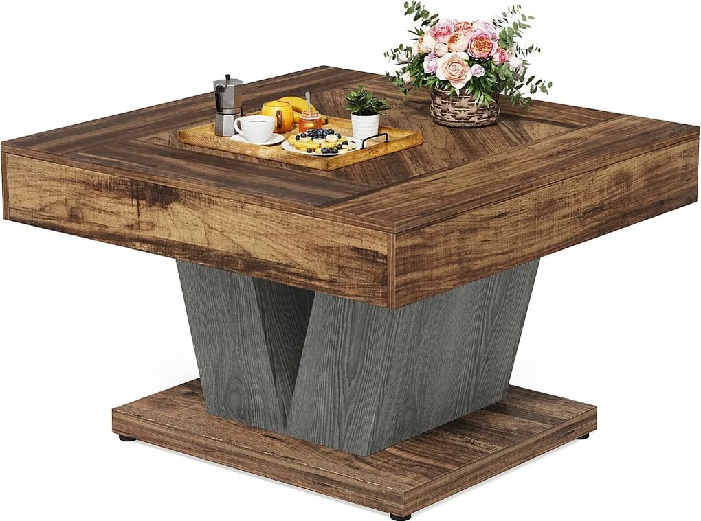 Kwadratowy stolik kawowy, drewniany stolik kawowy do salonu, nowoczesny/industrialny/rustykalny, rustykalny brąz i czerń