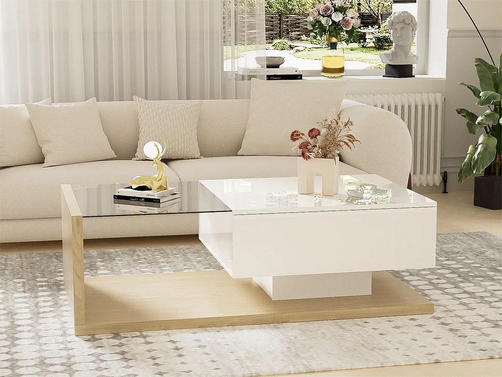 Stolik kawowy z LED - ze szkła i płyt wiórowych - naturalny