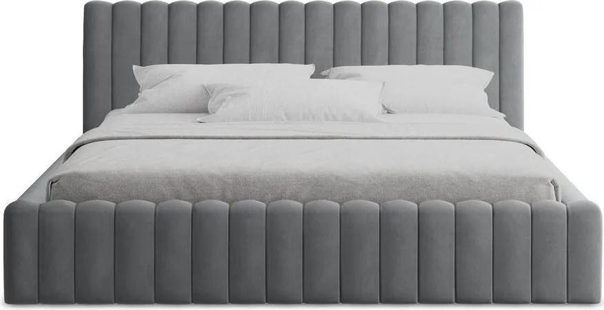 Szare tapicerowane łóżko dwuosobowe ze schowkiem i stelażem 180x200 cm Lemi – Makamii