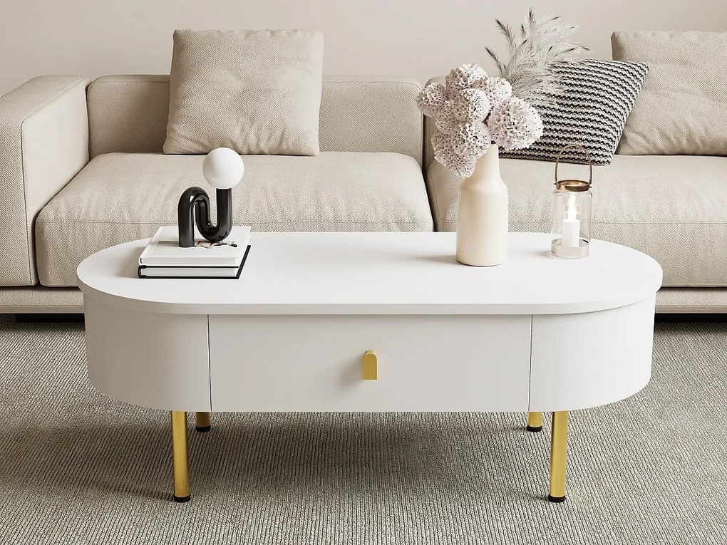 Nowoczesny stolik kawowy - 2 szuflady z uchwytami i złotymi nogami - MDF - Biały