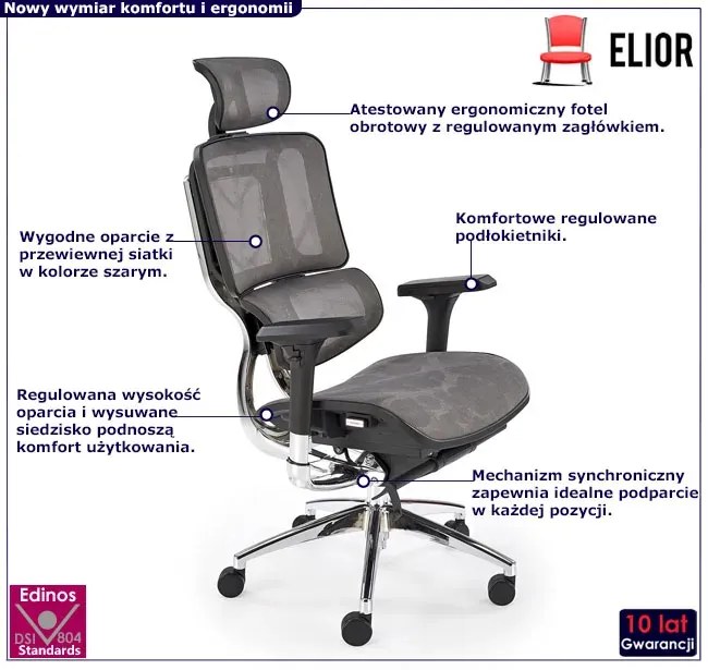 Ergonomiczny obrotowy szary fotel regulowany z zagłówkiem do 150 kg - Tipo