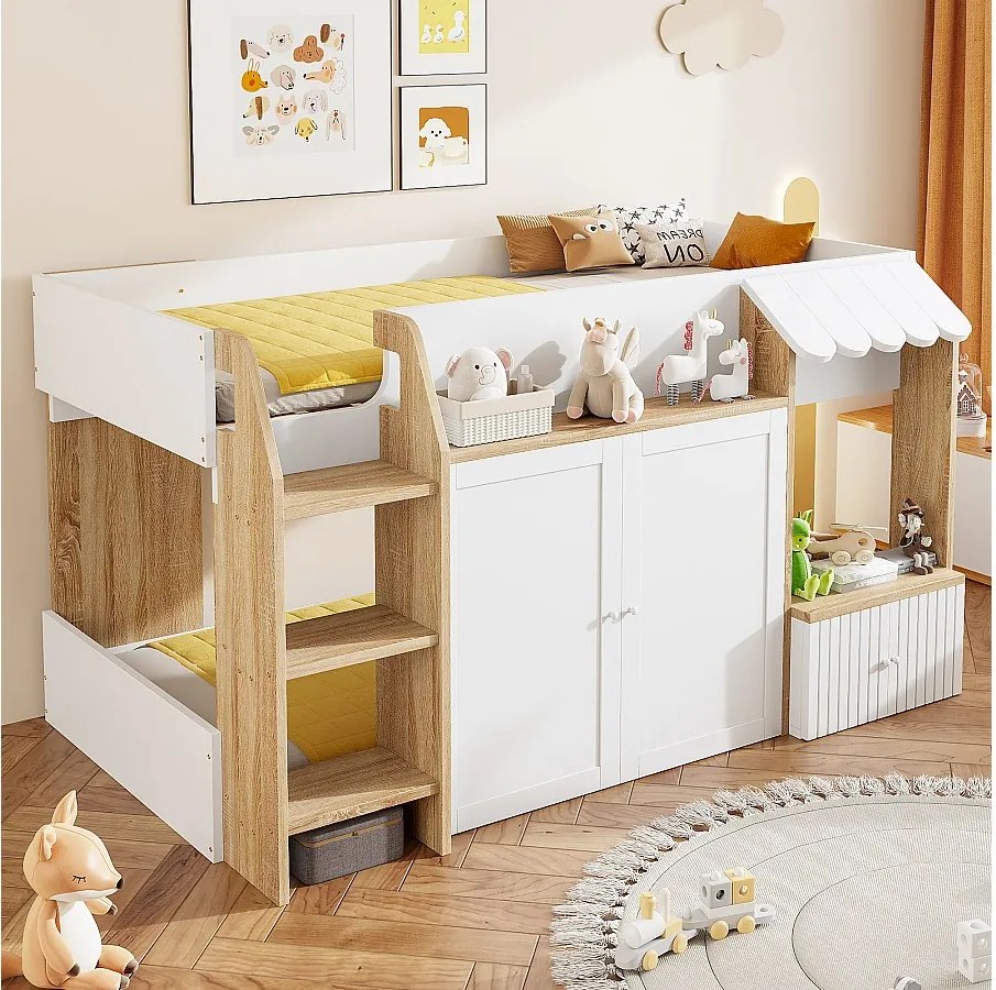 Łóżko dziecięce antresola średniej wysokości - 90 x 200 cm - z otwartą przestrzenią na pościel + drabinka - drewno - białe + naturalne