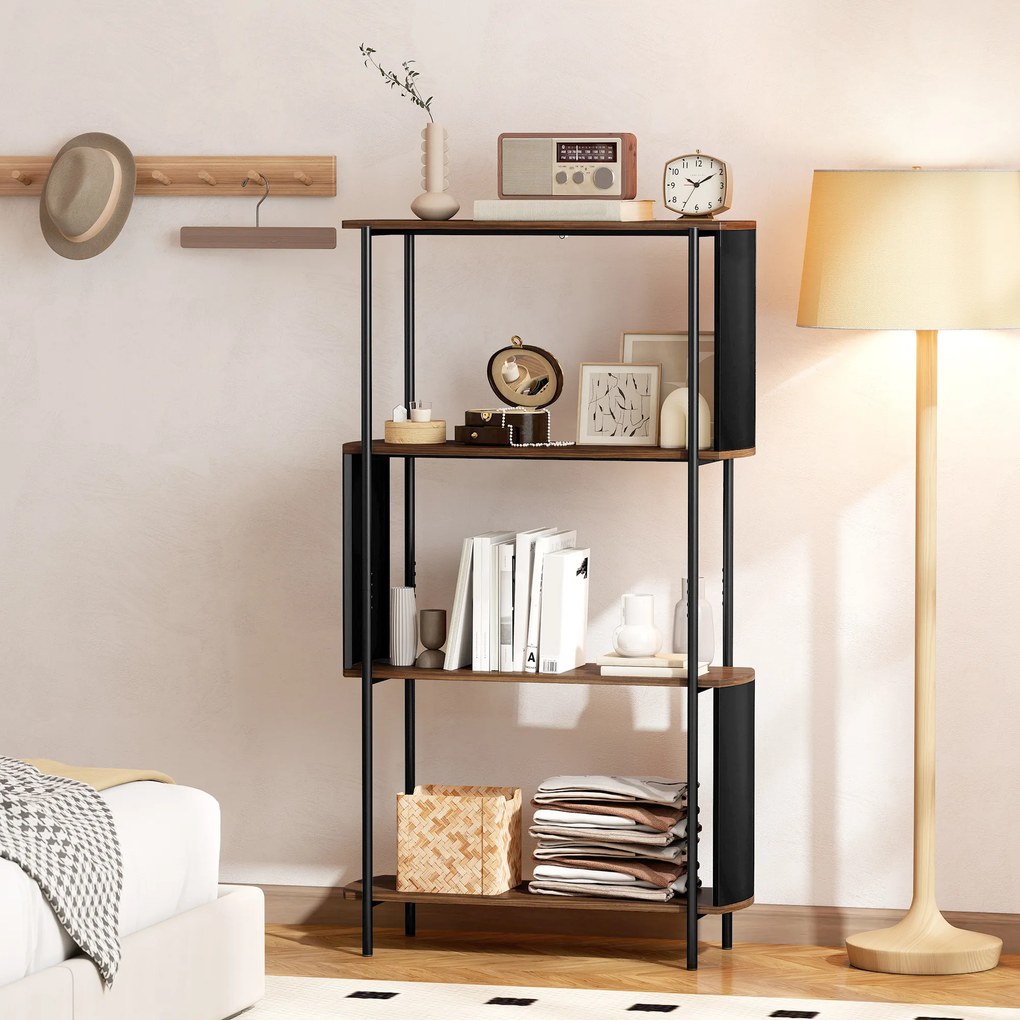 HOMCOM 4-poziomowy regał, stojący regał z zakrzywionym designem, industrialny regał książkowy, brązowy wygląd drewna | Aosom PL