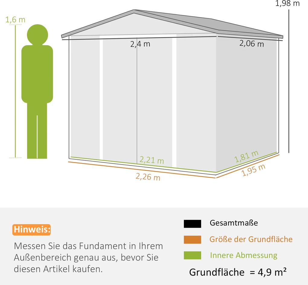 Outsunny Szopa na narzędzia metalowa, odporna na warunki atmosferyczne i rdzę, zamykana, 2,40 x 2,06 x 1,98 m, teka