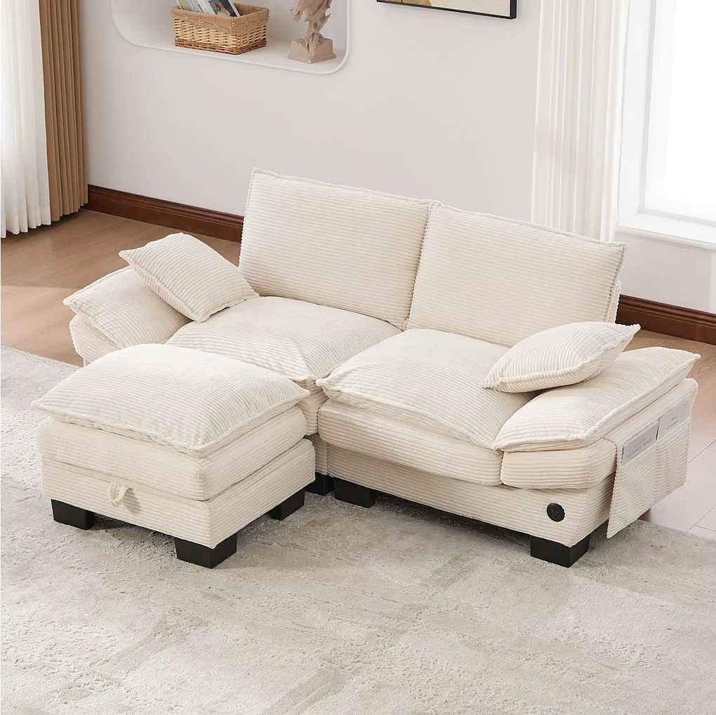 Dwuosobowy zestaw wypoczynkowy z tkaniny sztruksowej - 190 x 132 x 84 cm - z 1 pufem ze schowkiem + portem USB + kieszeniami - beżowy