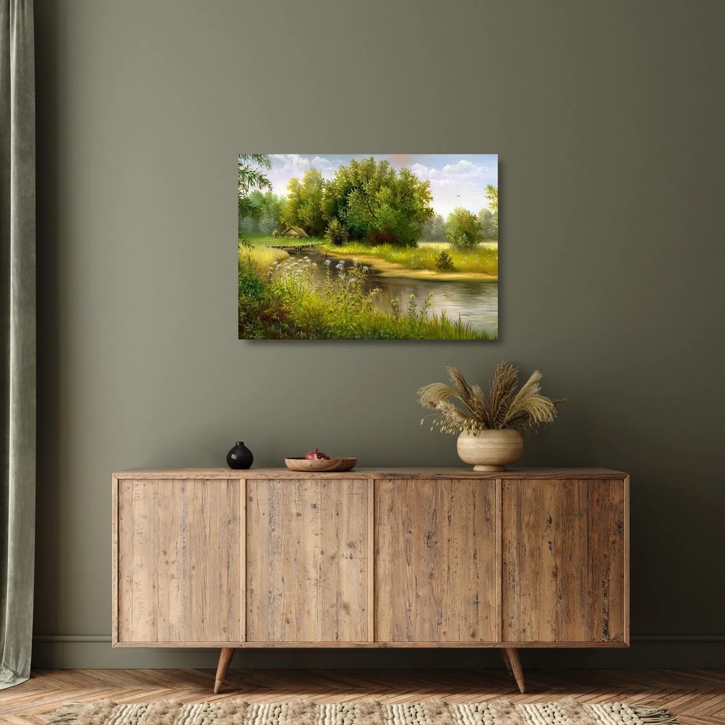 Obraz na szkle - Rzeka przy lesie, obraz olejny (70x50 cm)