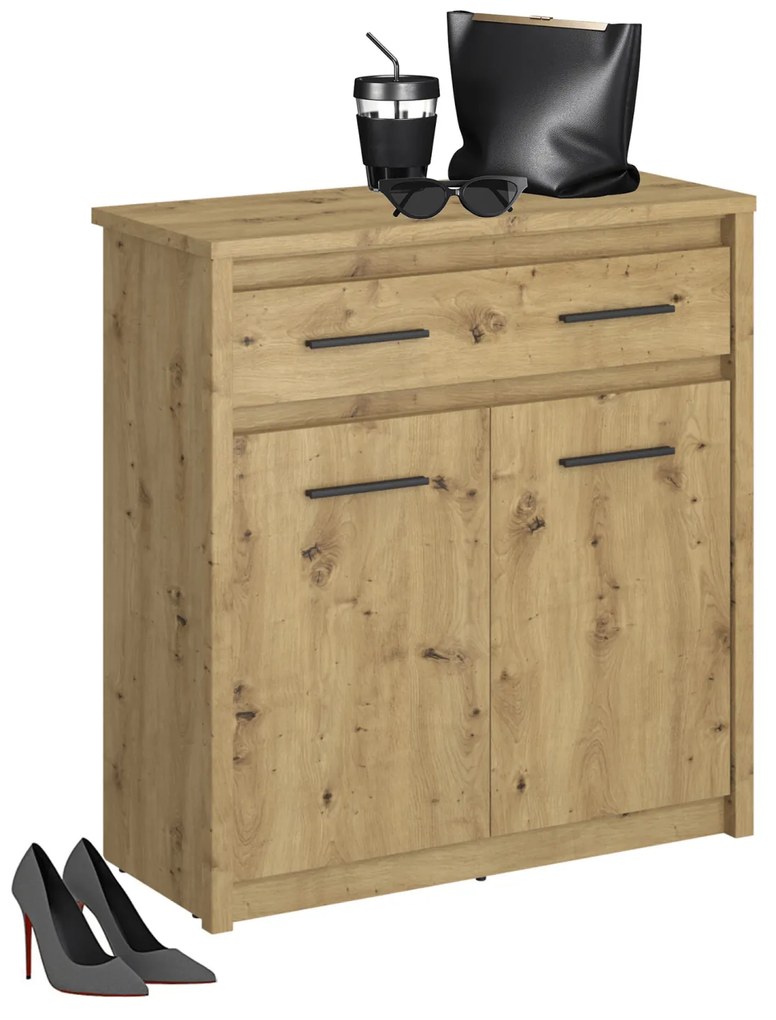 Komoda Dwudrzwiowa z Szufladą Drewniana do Sypialni OPIA 87 cm Dąb Artisan Klasyczna