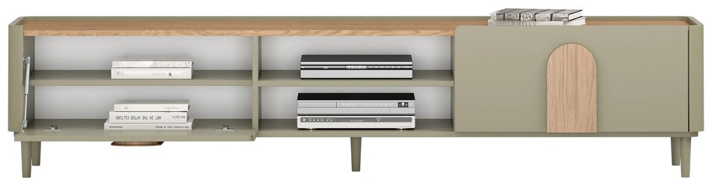 Szafka RTV Amilio 220 cm z szufladą na nóżkach - eukaliptus / dąb baltic dune / uchwyty dąb naturalny