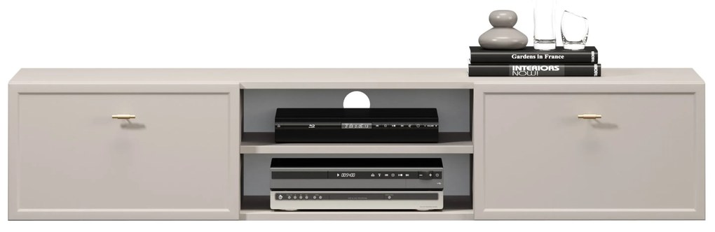 Szafka RTV wisząca Lorini 150 cm z szufladami - kaszmir / złote uchwyty T-bar