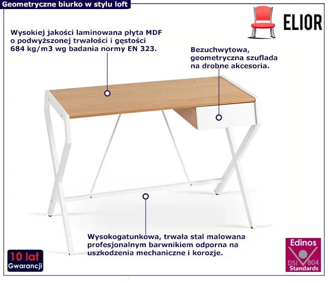 Industrialne biurko metalowe z szufladą dąb złoty + biały - Helio