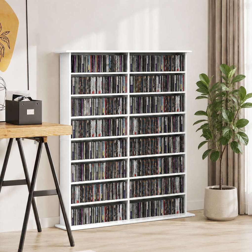 HOMCOM Regał multimedialny, 8 poziomów, regał na DVD z 12 regulowanymi półkami, 16 przegród, pojemność 720 CD, biały | Aosom PL