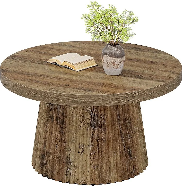 Okrągły stolik kawowy, 80 cm, nowoczesny stolik w kształcie bębna z żłobioną podstawą i wykończeniem w kolorze drewna