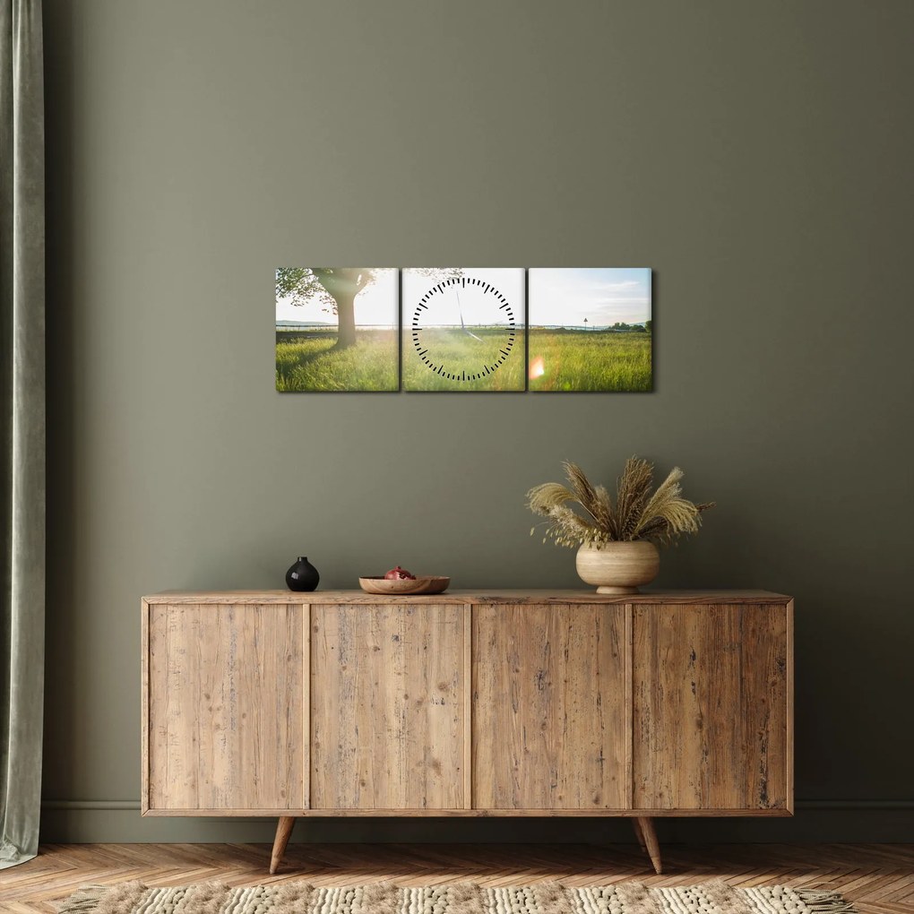 Obraz letniej łąki (z zegarem) (90x30 cm)