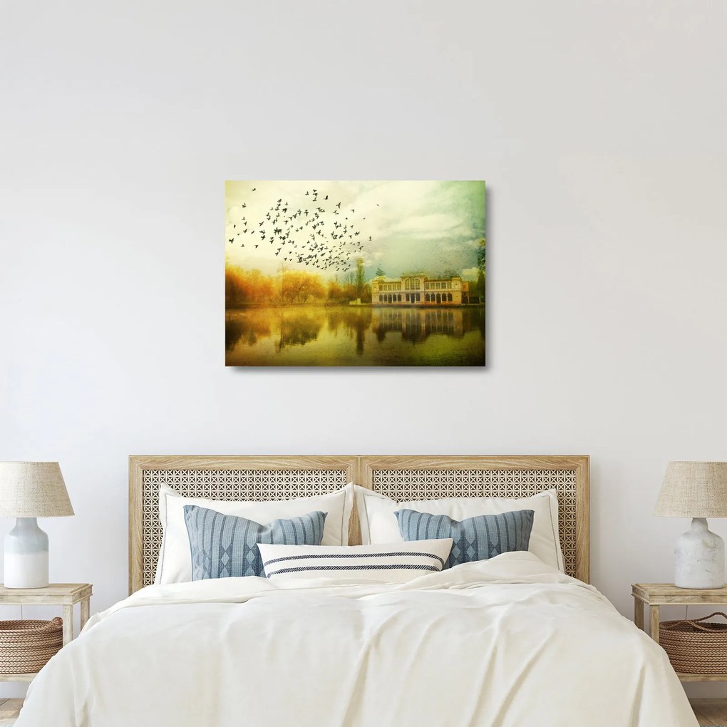 Obraz na szkle namalowanego krajobrazu z rezydencją (70x50 cm)