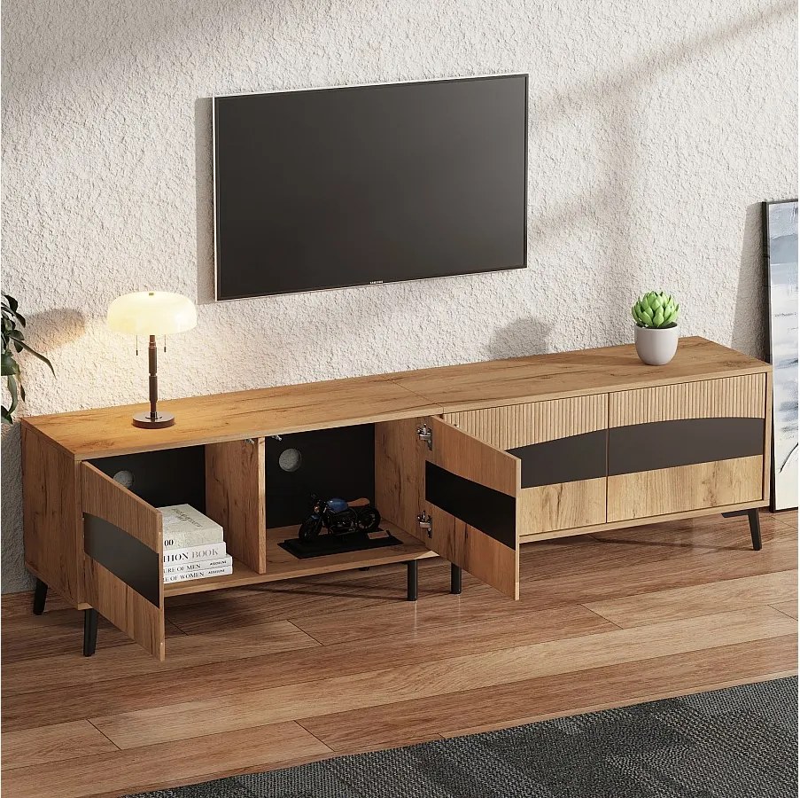 Szafka RTV 180 cm z 4 teksturowanymi drzwiami i 8 nogami podporowymi, kolory naturalny i czarny - do salonu