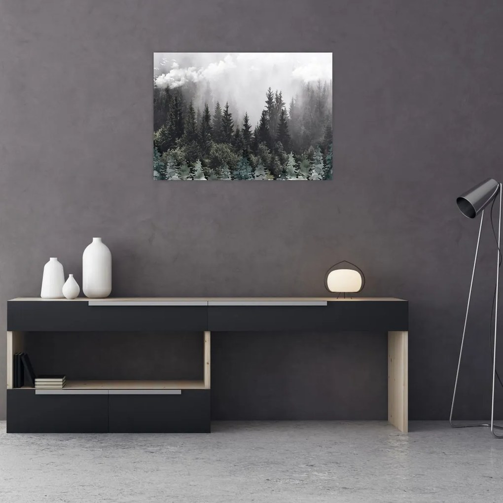 Obraz na szkle - Las z ilustrowanymi elementami (70x50 cm)