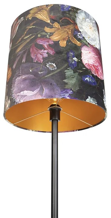 Romantyczna lampa stojąca czarna z kloszem w kwiaty 40 cm - Simplo klasyczny/Antyczny Oswietlenie wewnetrzne