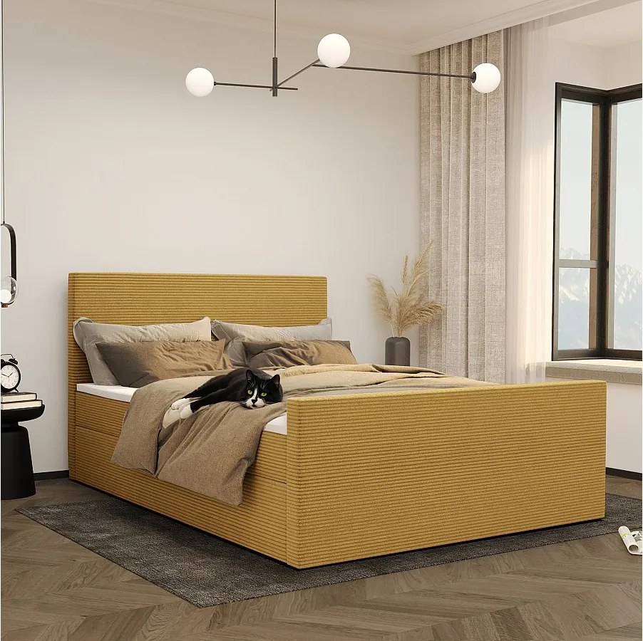 Łóżko kontynentalne z pojemnikiem i topperem VIESTA, tkanina Poso, Żółty, 120x200 cm, H2-Pocket