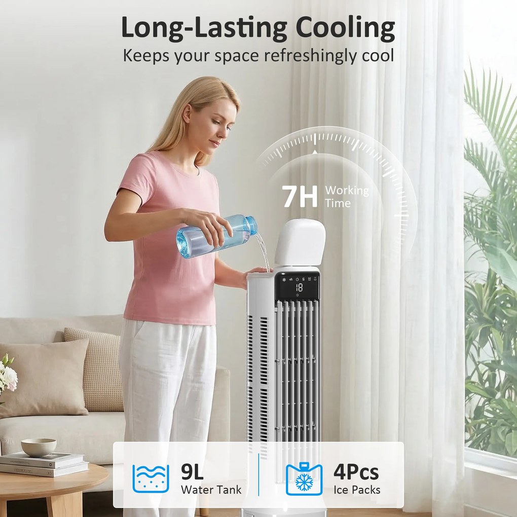 HOMCOM Przenośny klimatyzator, 3-w-1 klimatyzator parowy z 9-litrowym zbiornikiem na wodę, oscylacja 48°, 3 prędkości, 3 tryby, biały | Aosom PL