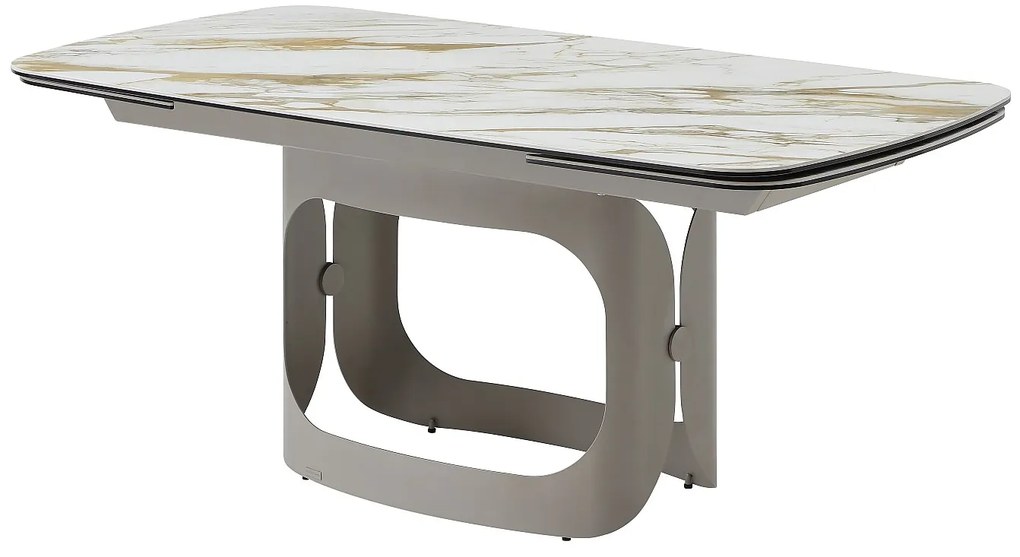 Rozkładany stół jadalniany dla 6–10 osób z ceramiki, hartowanego szkła i metalu w kolorze taupe – efekt białego marmuru – DAVULO od Maison Céphy.