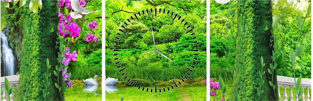 Obraz - Magiczny ogród z łabędziami (z zegarem) (90x30 cm)