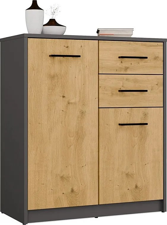 Komoda SIMPOLO 2D2S | Antracyt Dąb Artisan | 74x35x85 cm | Salon, 2 Drzwi 2 Szuflady