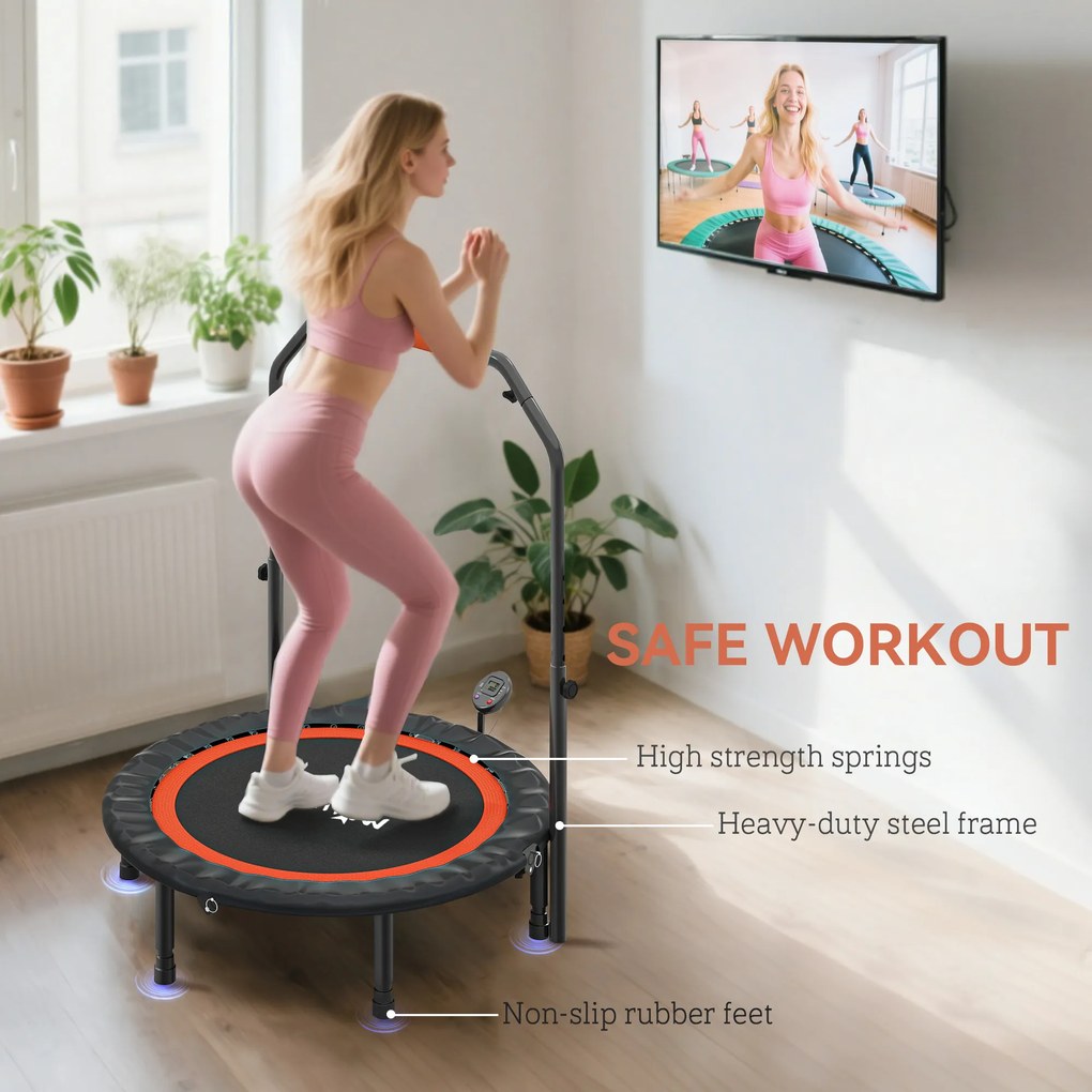 SPORTNOW Minitrampolin, z regulowanym uchwytem, monitor LCD, stal, czarno-czerwony, Ø102 x 99-123 cm