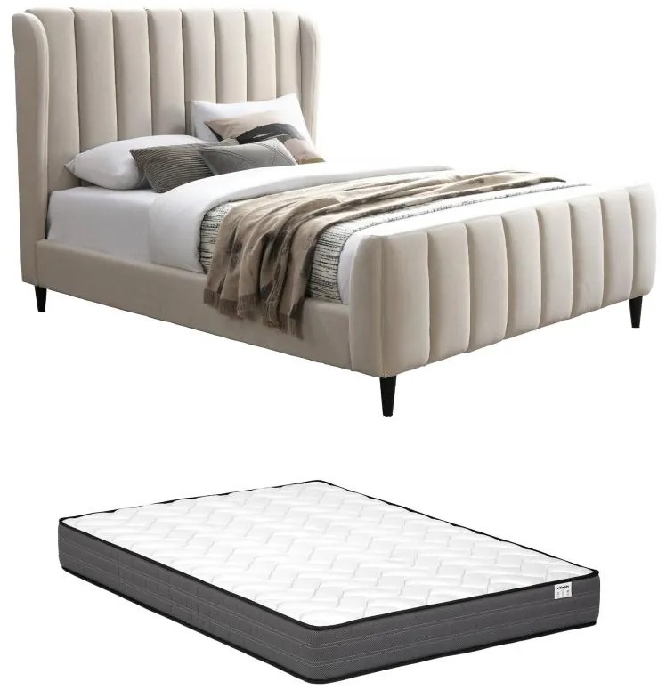 Łóżko 140 × 190 cm – Tapicerowane z pionowymi przeszyciami – Beżowe + Materac – CASAGOTI