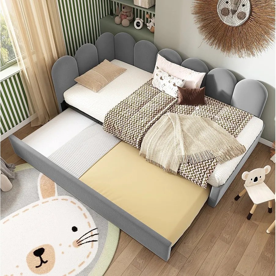 Łóżko tapicerowane wysuwane - 90 x 200 cm + 90 x 190 cm - sofa dziecięca rozkładana - bez materaca - aksamit - szary